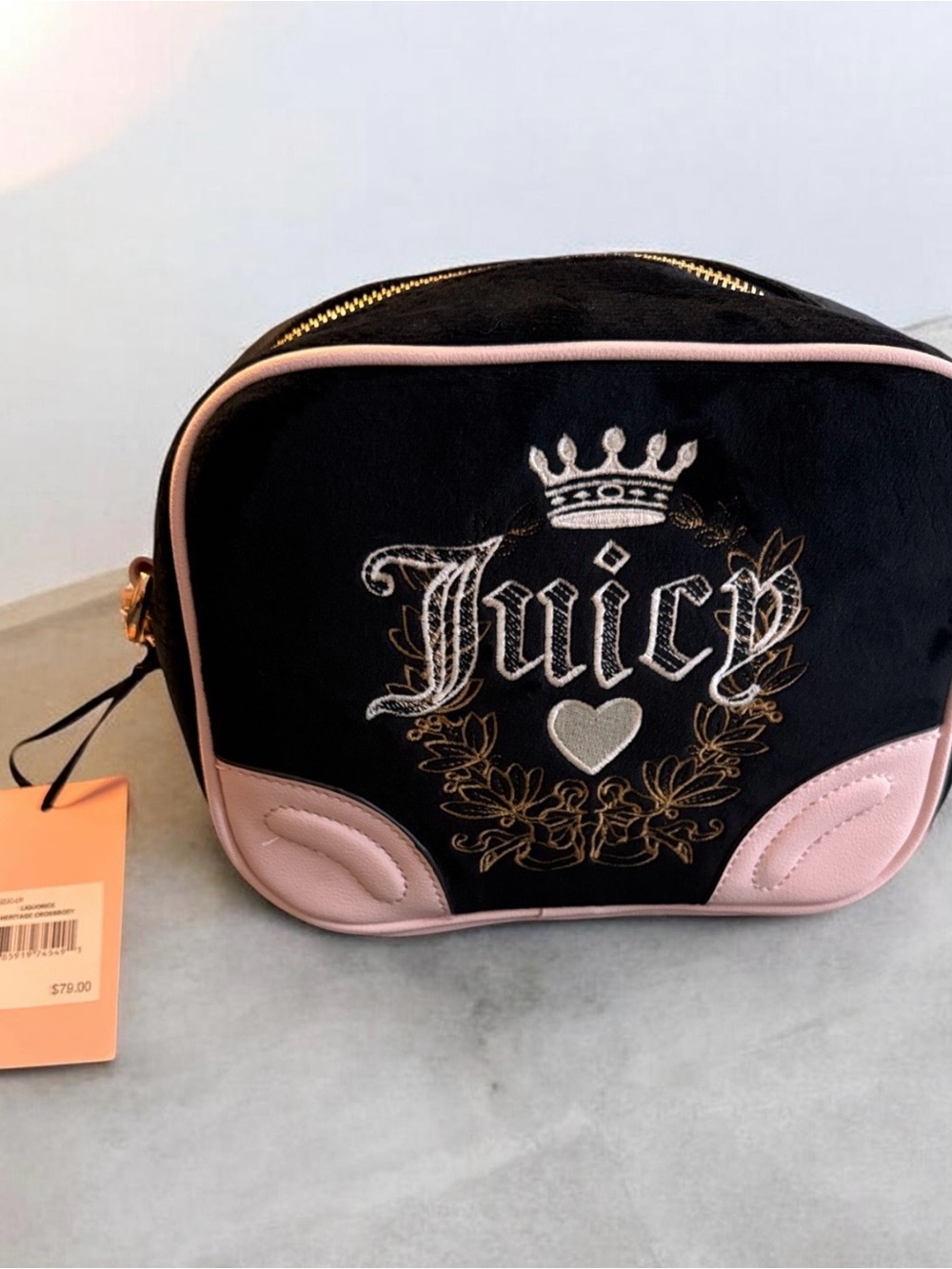 Juicy Couture Black with Pink Trim Embroidered Crossbody